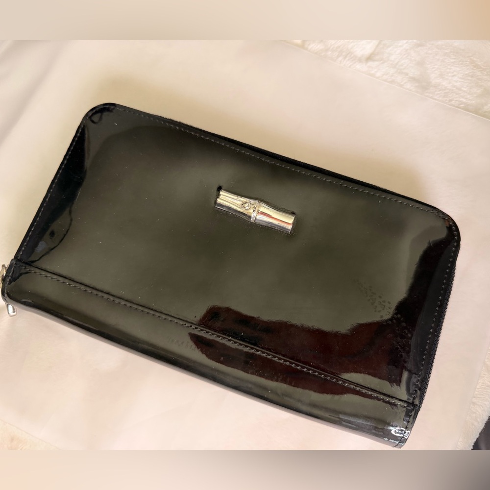 Longchamp Black Patent Leather zip wallet